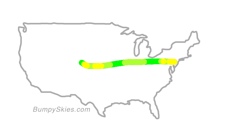 Map of continental US with illustrated flight path and turbulence forecast (described in text below)