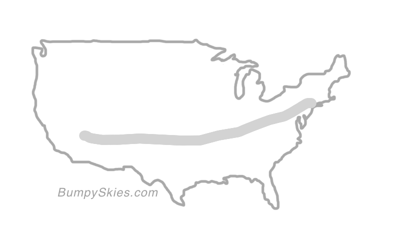 Map of continental US with illustrated flight path and turbulence forecast (described in text below)