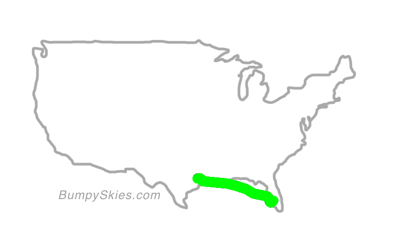 Map of continental US with illustrated flight path and turbulence forecast (described in text below)