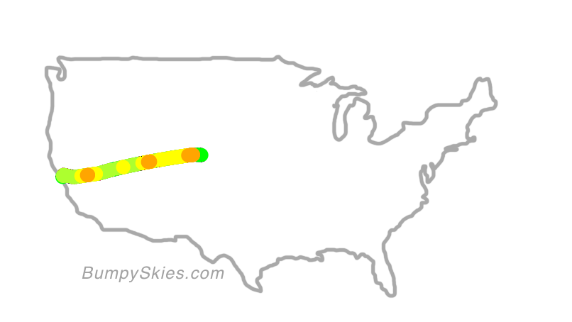 Map of continental US with illustrated flight path and turbulence forecast (described in text below)