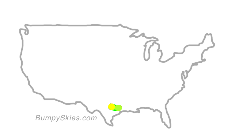 Map of continental US with illustrated flight path and turbulence forecast (described in text below)