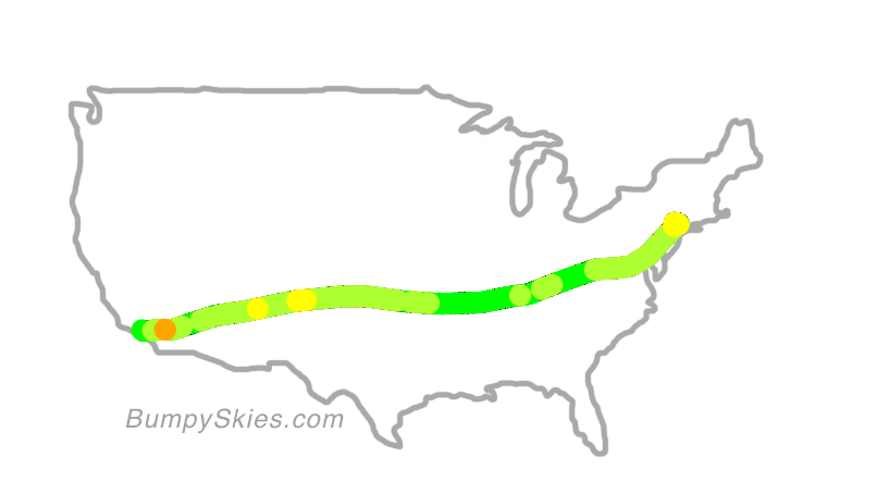 Map of continental US with illustrated flight path and turbulence forecast (described in text below)