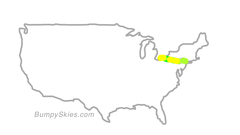 Map of continental US with illustrated flight path and turbulence forecast (described in text below)