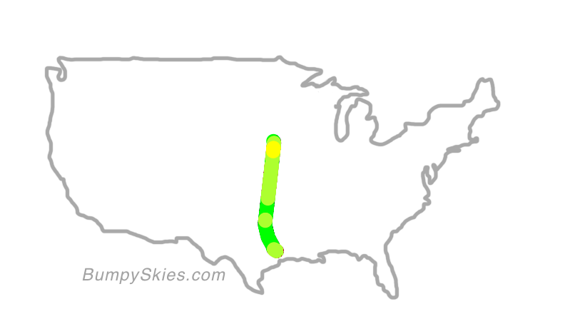 Map of continental US with illustrated flight path and turbulence forecast (described in text below)