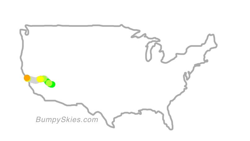 Map of continental US with illustrated flight path and turbulence forecast (described in text below)