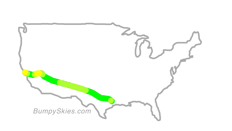 Map of continental US with illustrated flight path and turbulence forecast (described in text below)