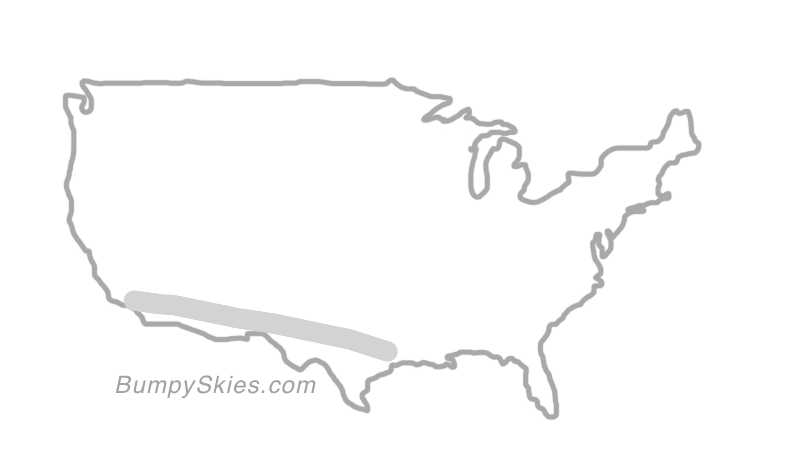 Map of continental US with illustrated flight path and turbulence forecast (described in text below)
