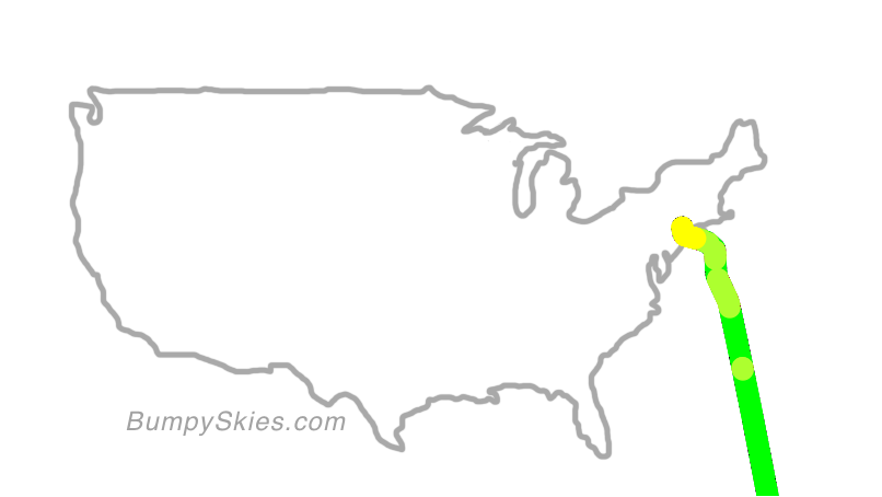 Map of continental US with illustrated flight path and turbulence forecast (described in text below)