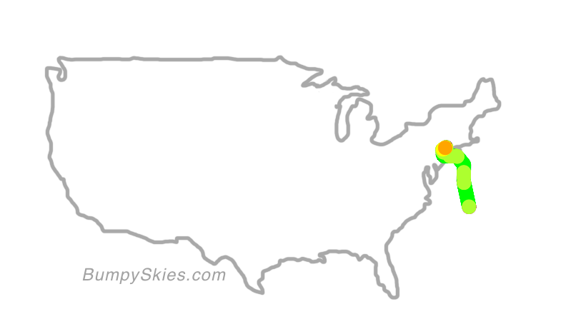 Map of continental US with illustrated flight path and turbulence forecast (described in text below)