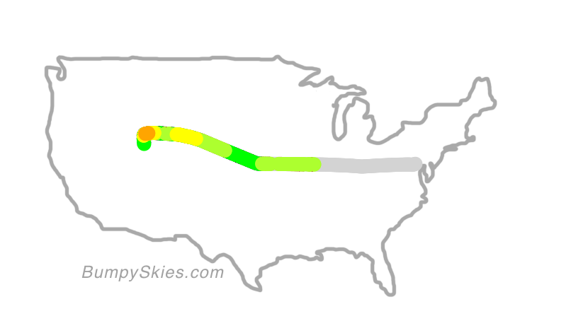 Map of continental US with illustrated flight path and turbulence forecast (described in text below)