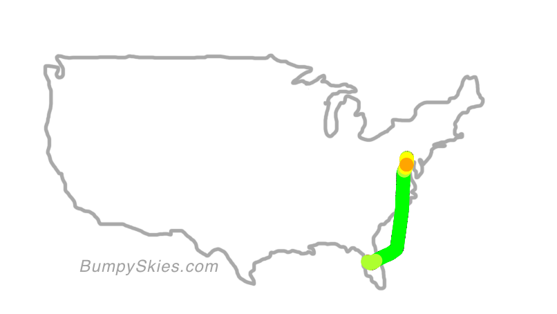 Map of continental US with illustrated flight path and turbulence forecast (described in text below)