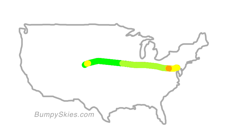 Map of continental US with illustrated flight path and turbulence forecast (described in text below)