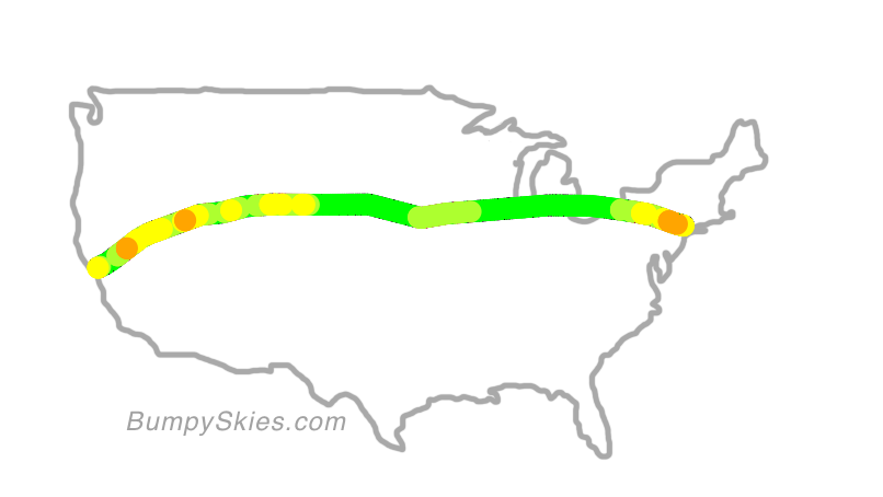Map of continental US with illustrated flight path and turbulence forecast (described in text below)