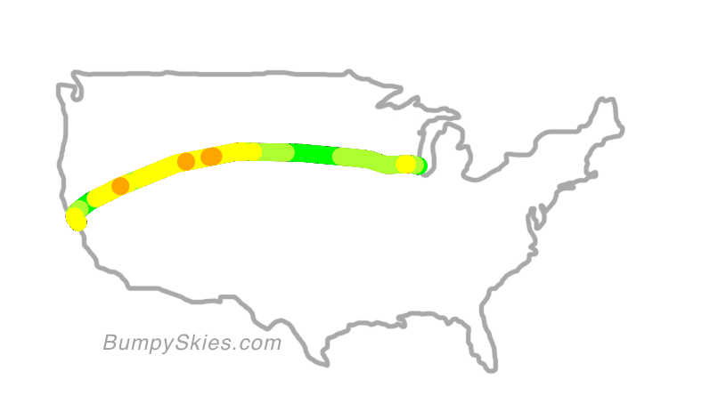 Map of continental US with illustrated flight path and turbulence forecast (described in text below)