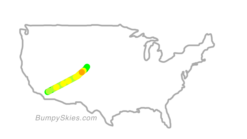 Map of continental US with illustrated flight path and turbulence forecast (described in text below)