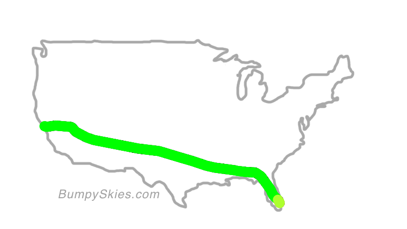 Map of continental US with illustrated flight path and turbulence forecast (described in text below)