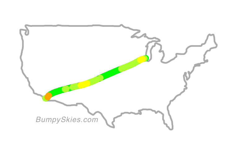 Map of continental US with illustrated flight path and turbulence forecast (described in text below)