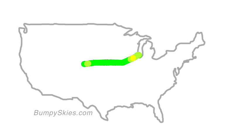 Map of continental US with illustrated flight path and turbulence forecast (described in text below)