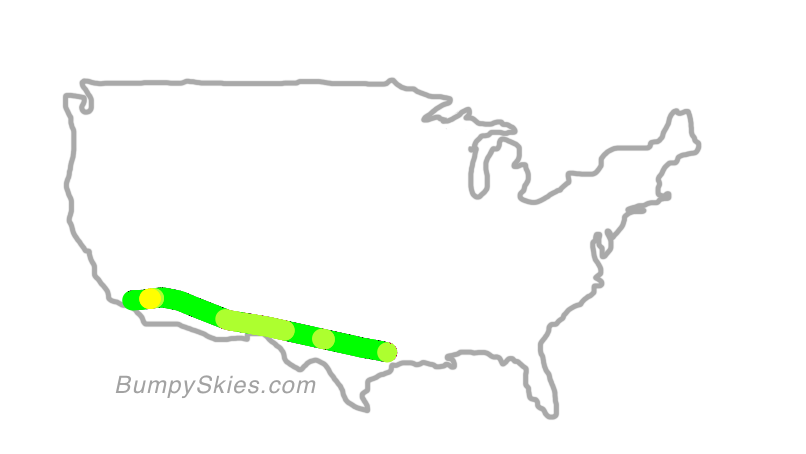 Map of continental US with illustrated flight path and turbulence forecast (described in text below)
