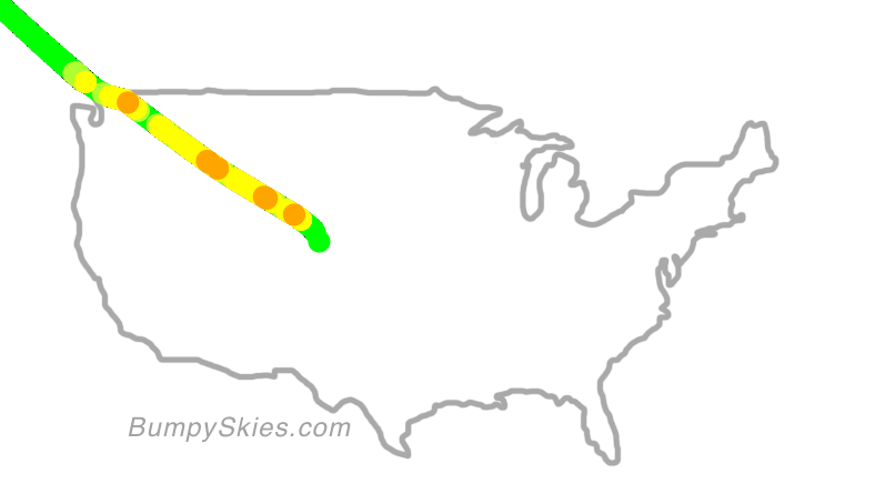 Map of continental US with illustrated flight path and turbulence forecast (described in text below)
