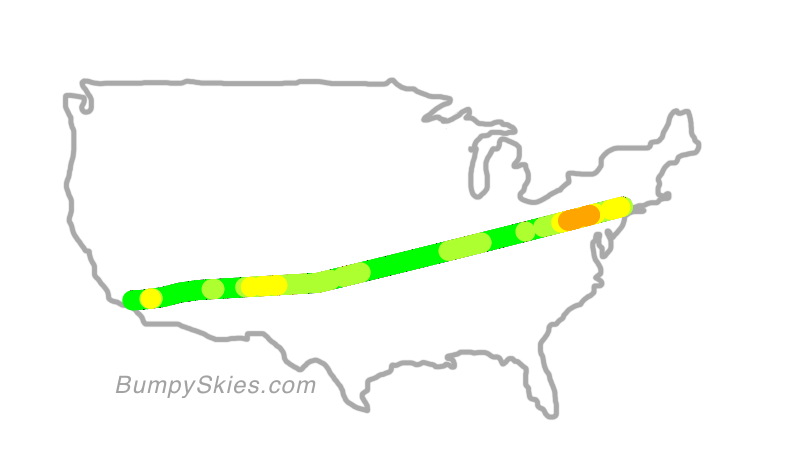 Map of continental US with illustrated flight path and turbulence forecast (described in text below)