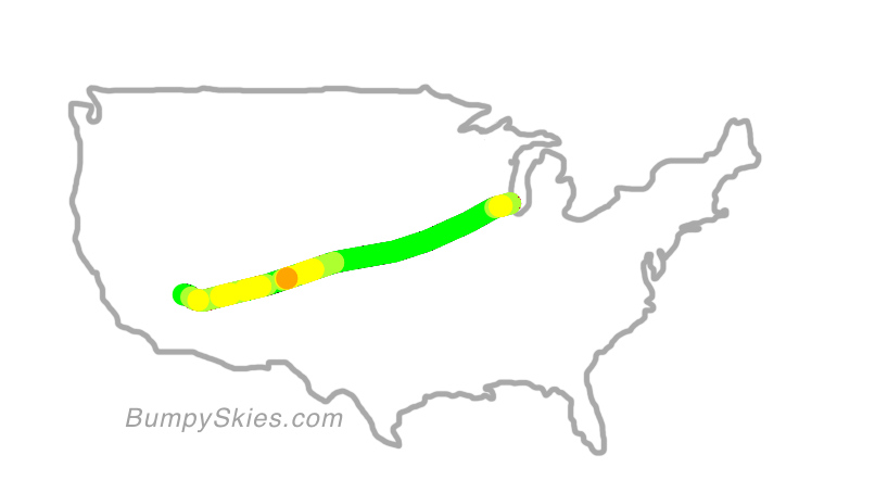 Map of continental US with illustrated flight path and turbulence forecast (described in text below)