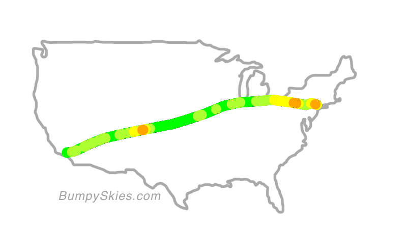 Map of continental US with illustrated flight path and turbulence forecast (described in text below)