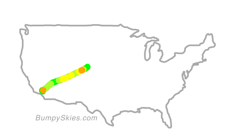 Map of continental US with illustrated flight path and turbulence forecast (described in text below)