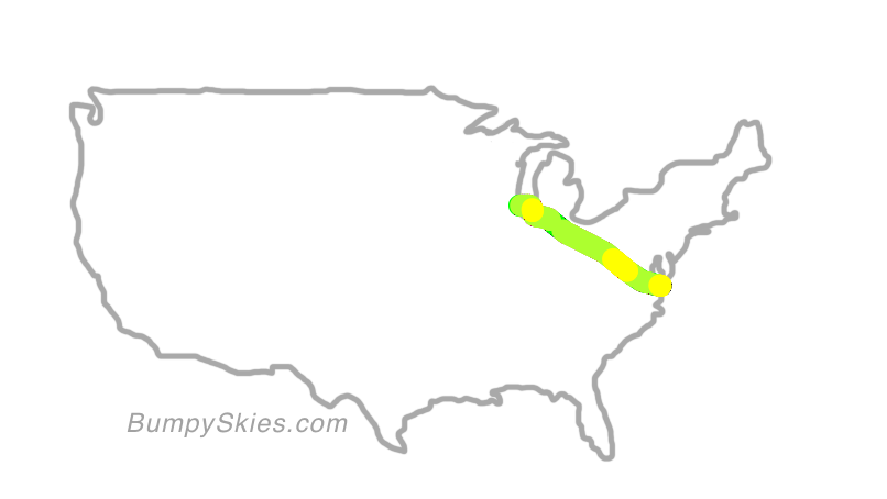 Map of continental US with illustrated flight path and turbulence forecast (described in text below)