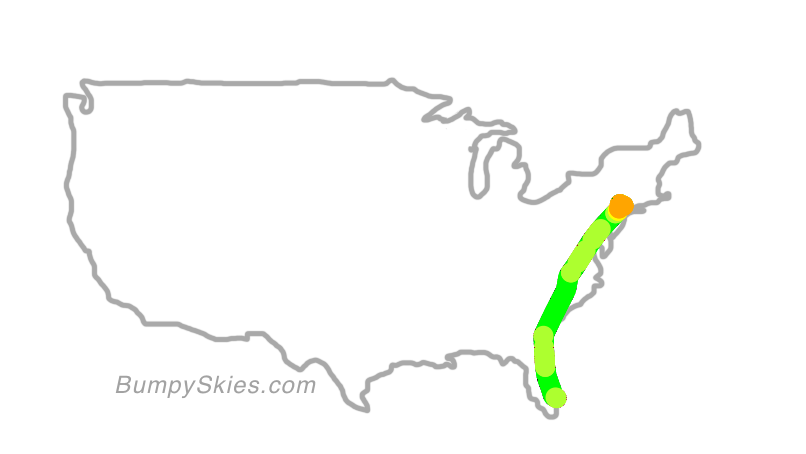 Map of continental US with illustrated flight path and turbulence forecast (described in text below)