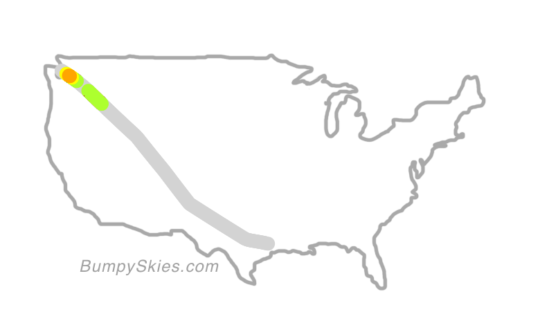 Map of continental US with illustrated flight path and turbulence forecast (described in text below)