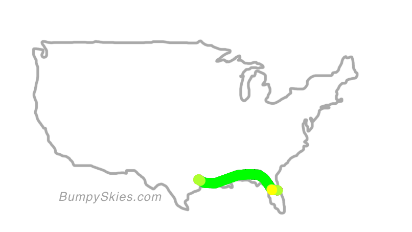 Map of continental US with illustrated flight path and turbulence forecast (described in text below)