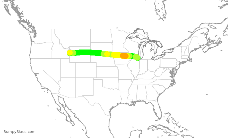 Turbulence forecast map for UAL2458, JAC to ORD