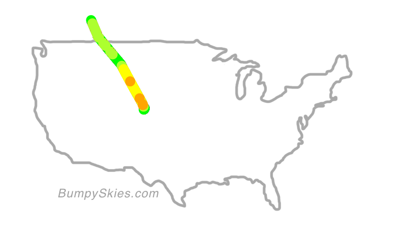 Map of continental US with illustrated flight path and turbulence forecast (described in text below)