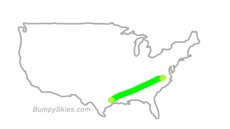 Map of continental US with illustrated flight path and turbulence forecast (described in text below)