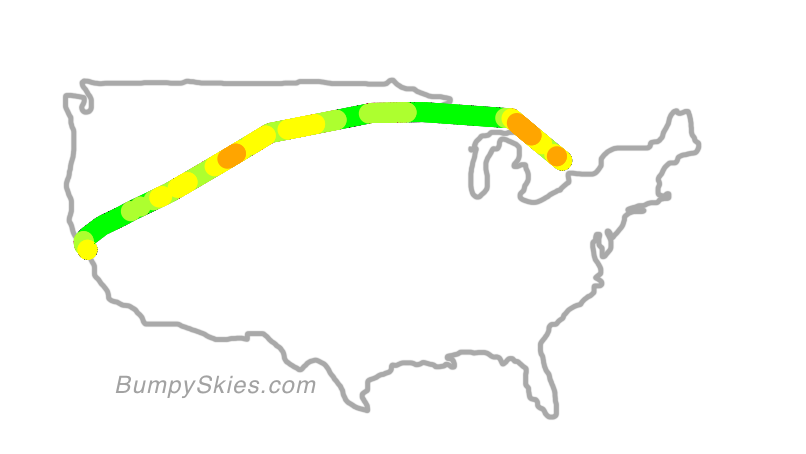 Map of continental US with illustrated flight path and turbulence forecast (described in text below)