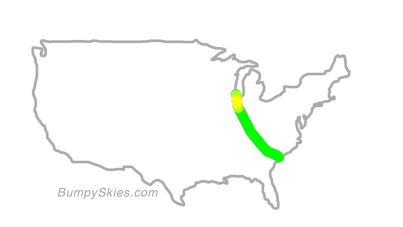 Map of continental US with illustrated flight path and turbulence forecast (described in text below)