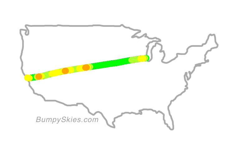 Map of continental US with illustrated flight path and turbulence forecast (described in text below)