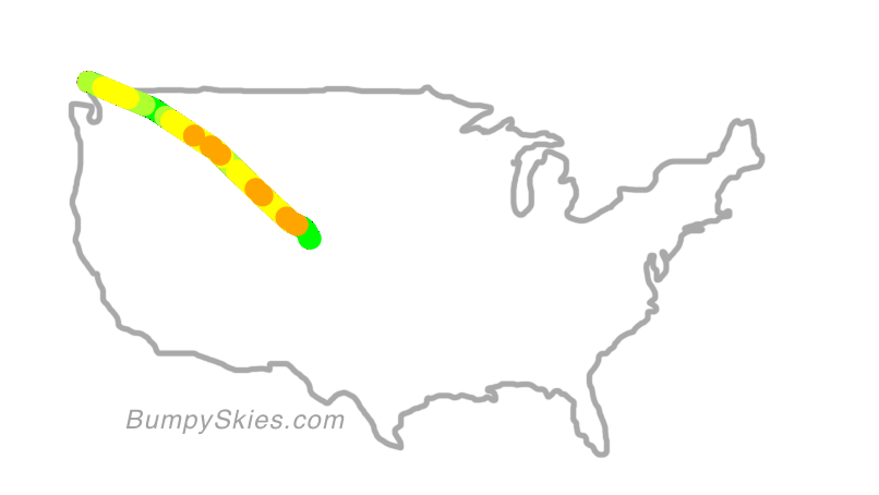 Map of continental US with illustrated flight path and turbulence forecast (described in text below)