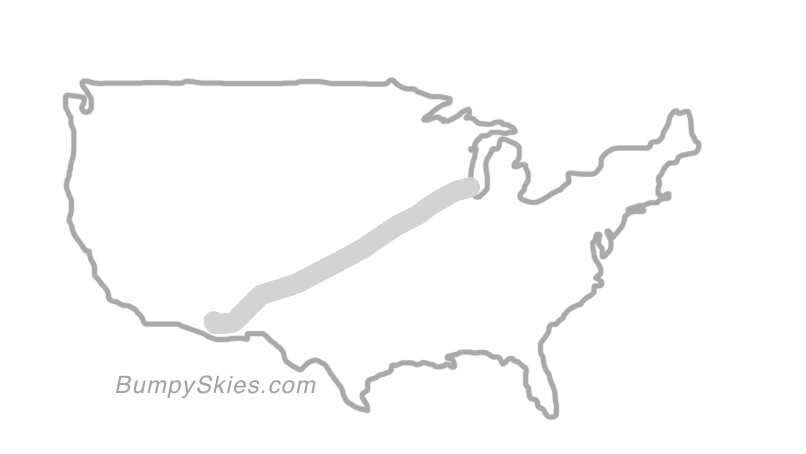 Map of continental US with illustrated flight path and turbulence forecast (described in text below)