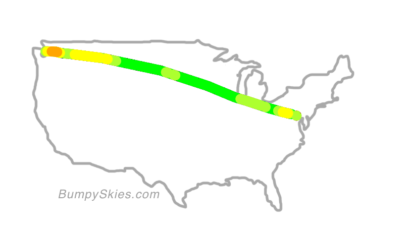 Map of continental US with illustrated flight path and turbulence forecast (described in text below)
