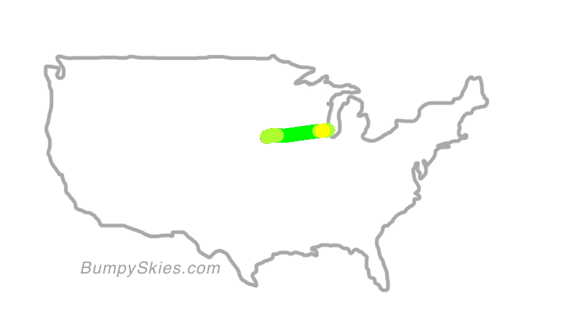 Map of continental US with illustrated flight path and turbulence forecast (described in text below)