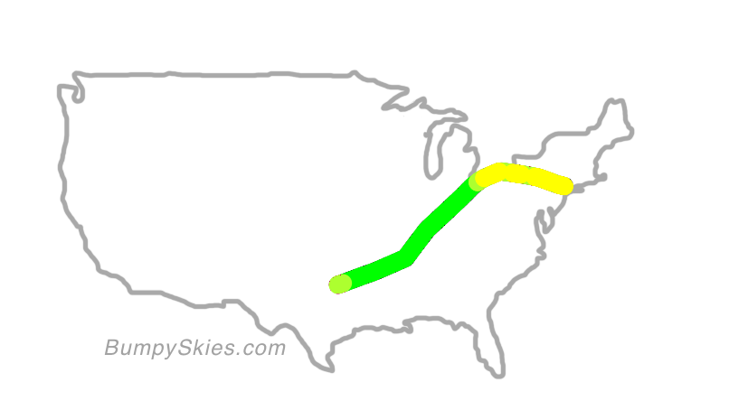 Map of continental US with illustrated flight path and turbulence forecast (described in text below)