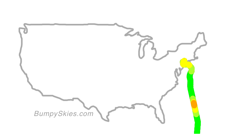 Map of continental US with illustrated flight path and turbulence forecast (described in text below)
