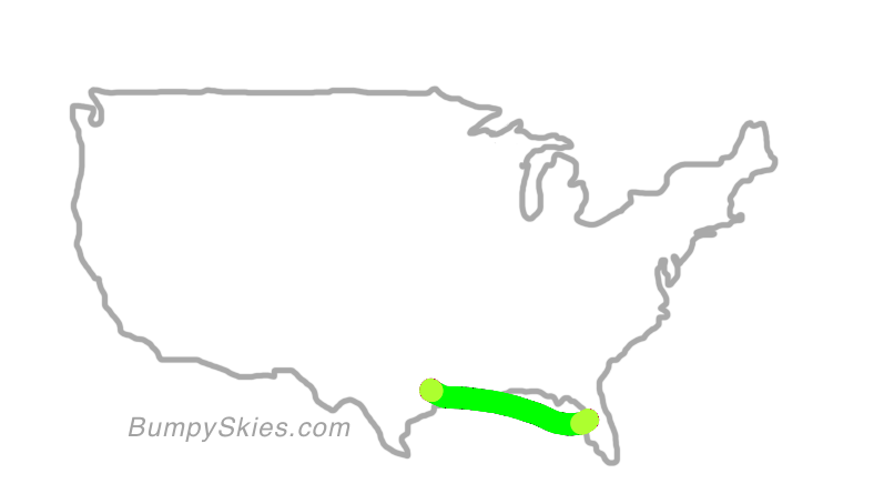 Map of continental US with illustrated flight path and turbulence forecast (described in text below)