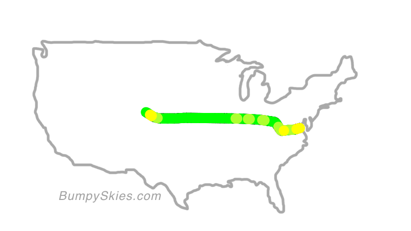 Map of continental US with illustrated flight path and turbulence forecast (described in text below)