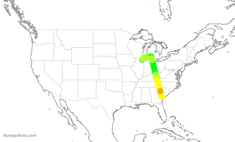 Turbulence forecast map for UAL249, SAV to ORD