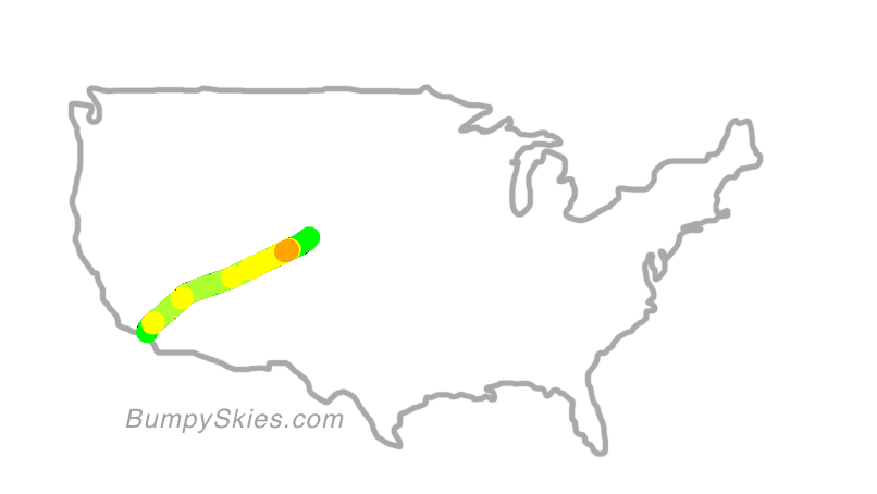 Map of continental US with illustrated flight path and turbulence forecast (described in text below)