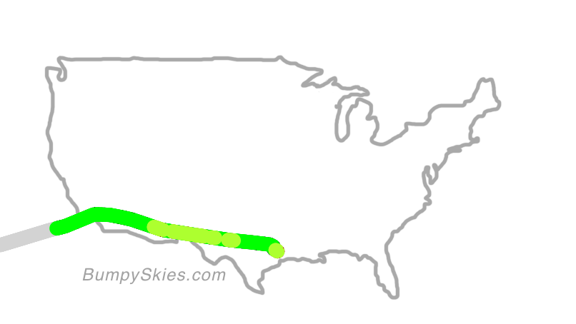 Map of continental US with illustrated flight path and turbulence forecast (described in text below)