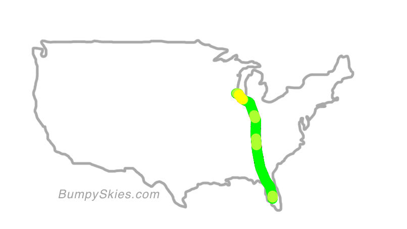 Map of continental US with illustrated flight path and turbulence forecast (described in text below)